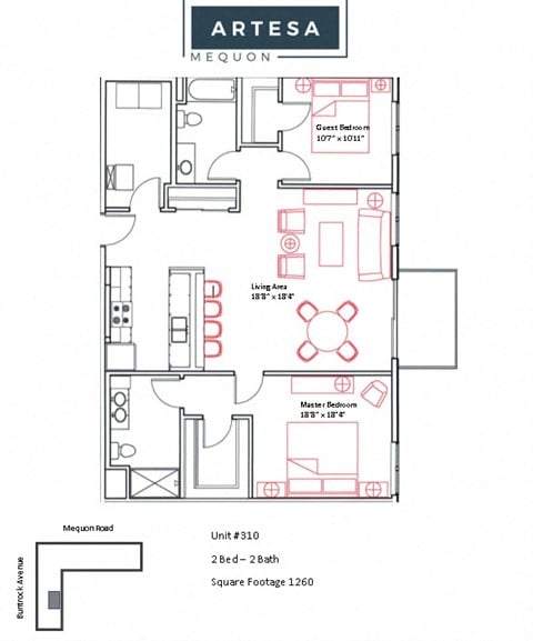 Floor plan for 2 beds, 2 baths, 1260 sqft